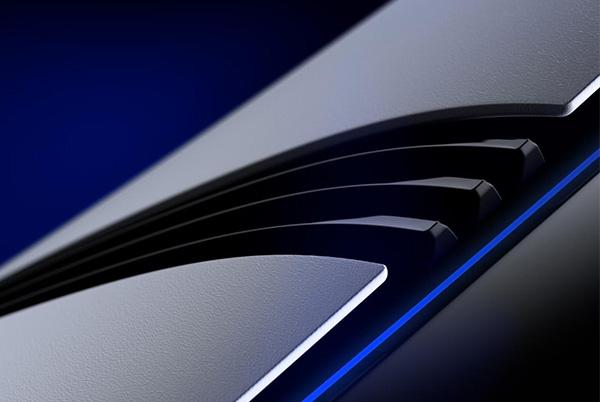a close up of a ps5 pro side grill on a blue and black gradient background