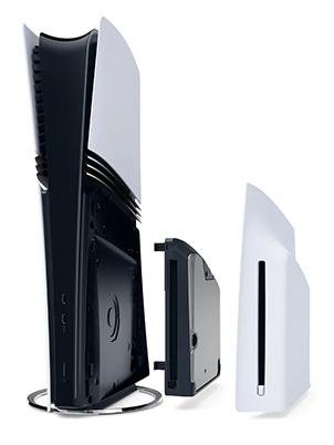 angled ps5 pro with disc drive on white background