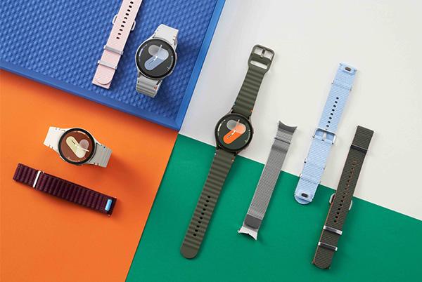 a variety of samsung galaxy watch 7 models in different colours on a colourful background