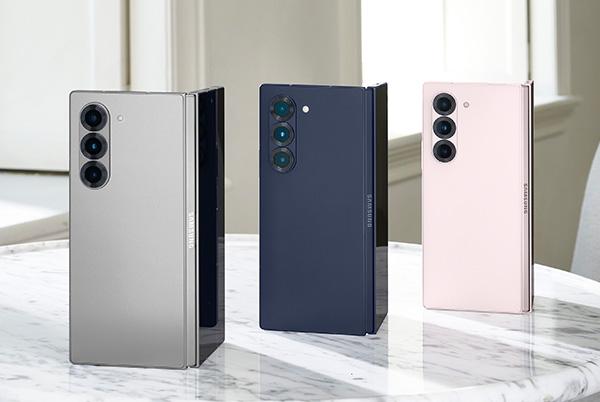 samsung galaxy z fold6 phones in all three colours on white marble table
