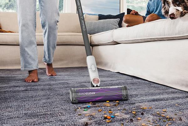 a person vacuuming a rug with a dog and a child watching