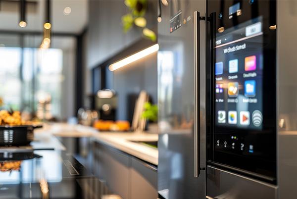 a modern kitchen with a large smart refrigerator