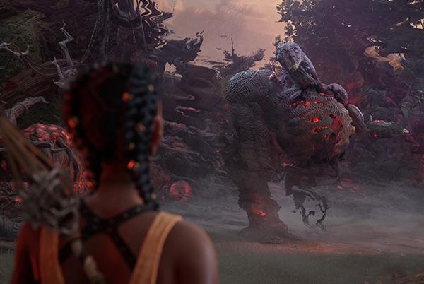 a woman with a bow and arrow looking at a giant monster screenshot from south of midnight for xbox