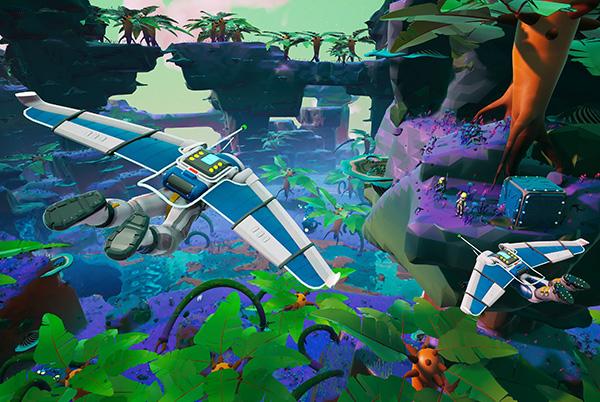 a screenshot showing a blue and white plane flying through a jungle from an upcoming nintendo switch 2 game called starseeker astroneer expeditions