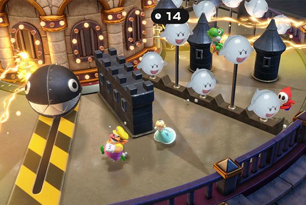 super mario party jamboree video still showing a mini game with ghosts