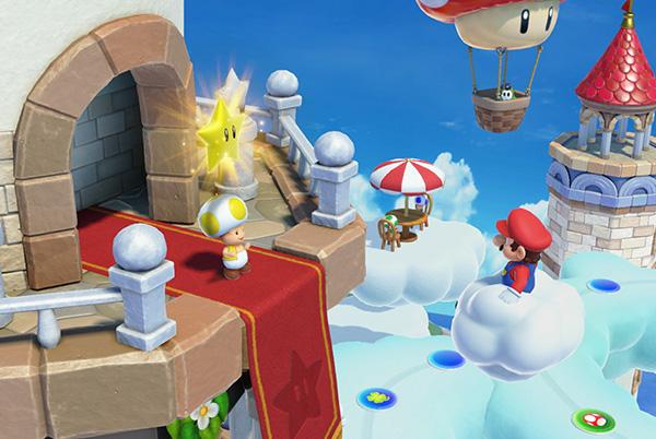a still from super mario party jamboree video game showing castle and a balloon in the sky