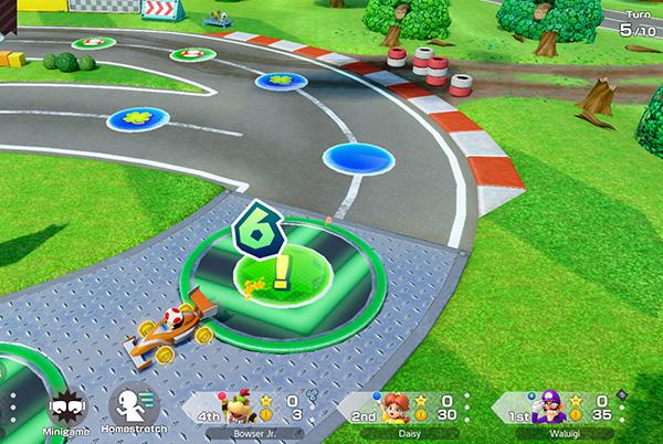 a still from super mario party jamboree showing character in car on racing circuit board