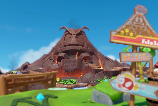 a still from super mario party jamboree video game showing character standing in front of a volcano