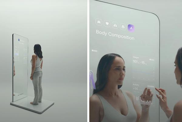 a woman standing in front of a mirror with a phone in her hand