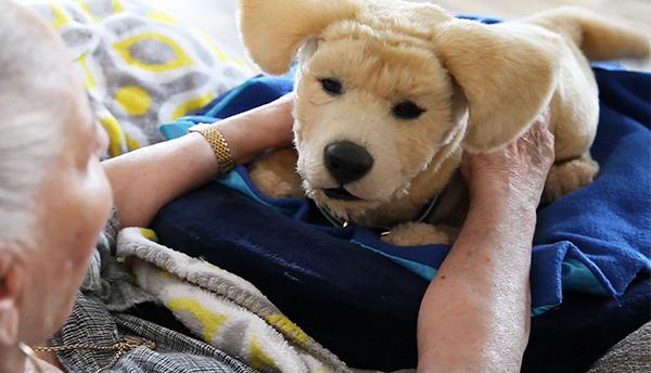 a woman holding a stuffed dog on a blanket on a couch