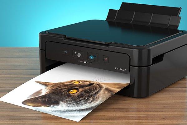 A printer printing out a photo of a cat.