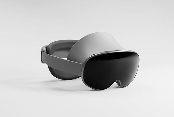 A pair of VR goggles with a grey frame and black lenses