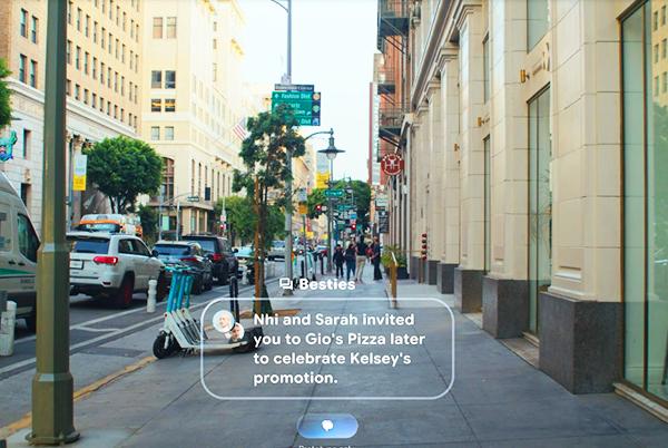 A street view of a city sidewalk with AR overlay
