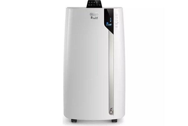a white portable air conditioner with a black handle