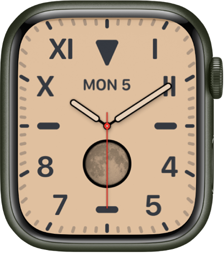 a close up of a watch face with a moon phase