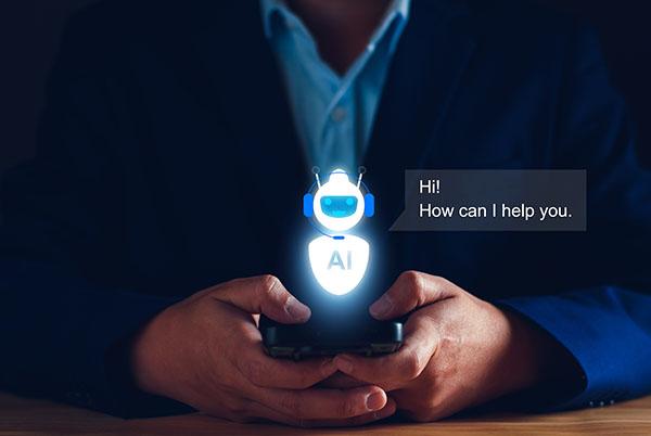 a man holding a cell phone with a glowing robot on it