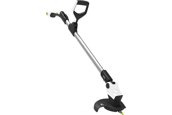a black and white electric lawn trimmer on a white background