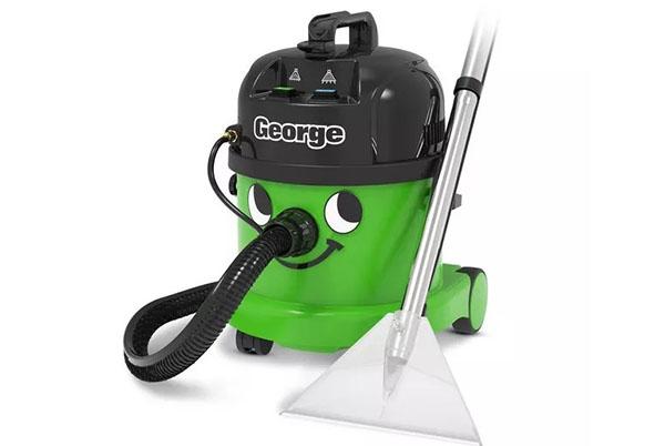 a green and black George wet and dry vacuum cleaner with a handle and a hose