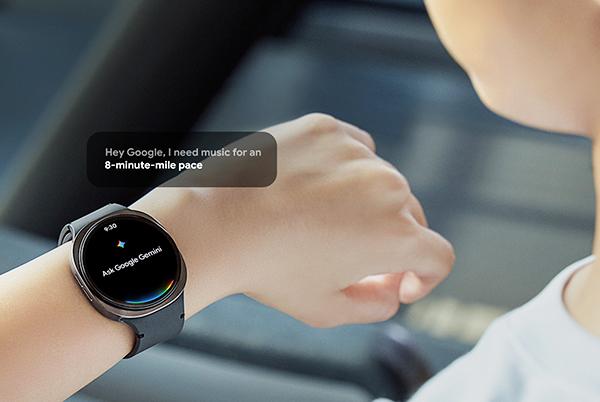 a person wearing a Galaxy Watch 8 with Gemini Ai on screen