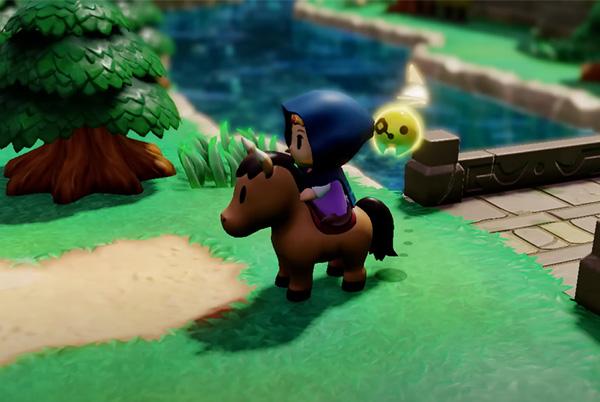screenshot from legend of zelda echoes of wisdom game showing princess zelda riding a horse