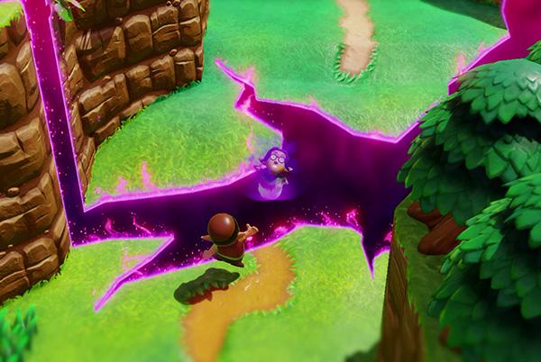 screenshot from legend of zelda echoes of wisdom game showing hyrulean character falling into black and purple void