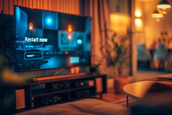 a television screen showing a restart reset message in a living room