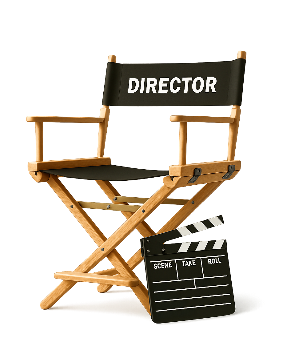 a director's chair with a clapper board and a director's nameplate