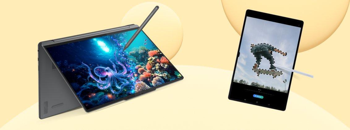 A laptop and a tablet on a yellow background