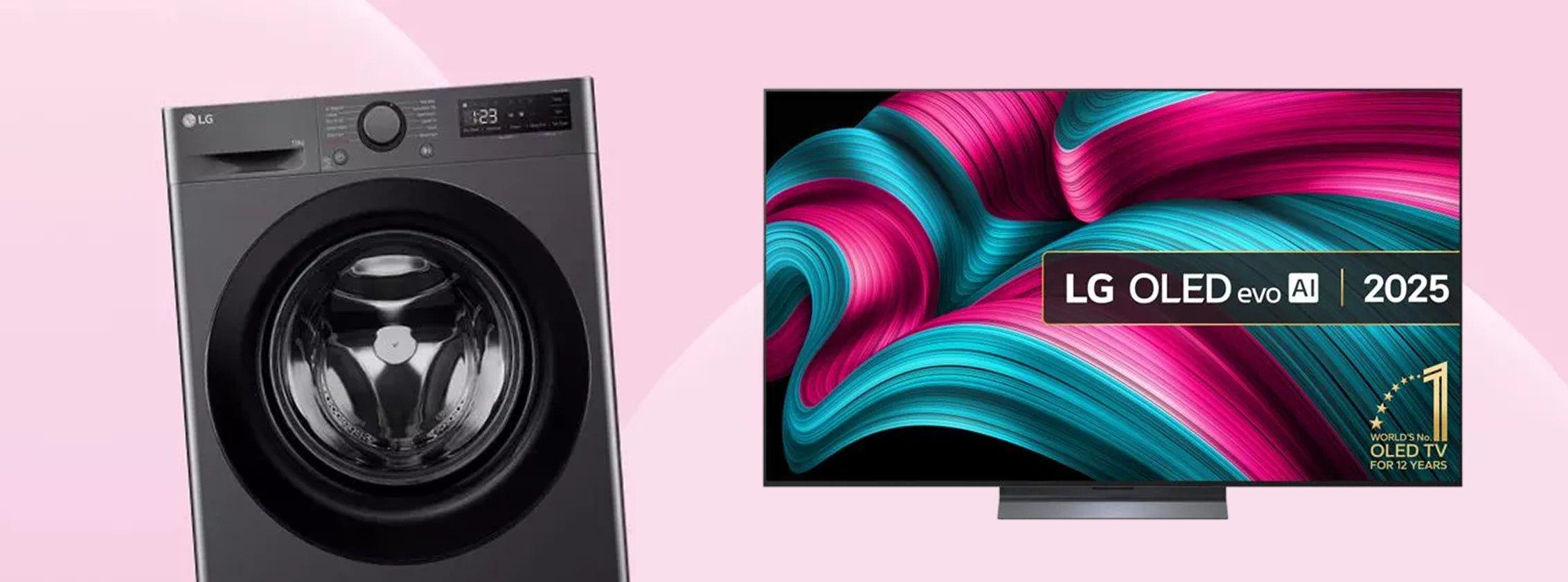 A washing machine and TV on a pink background