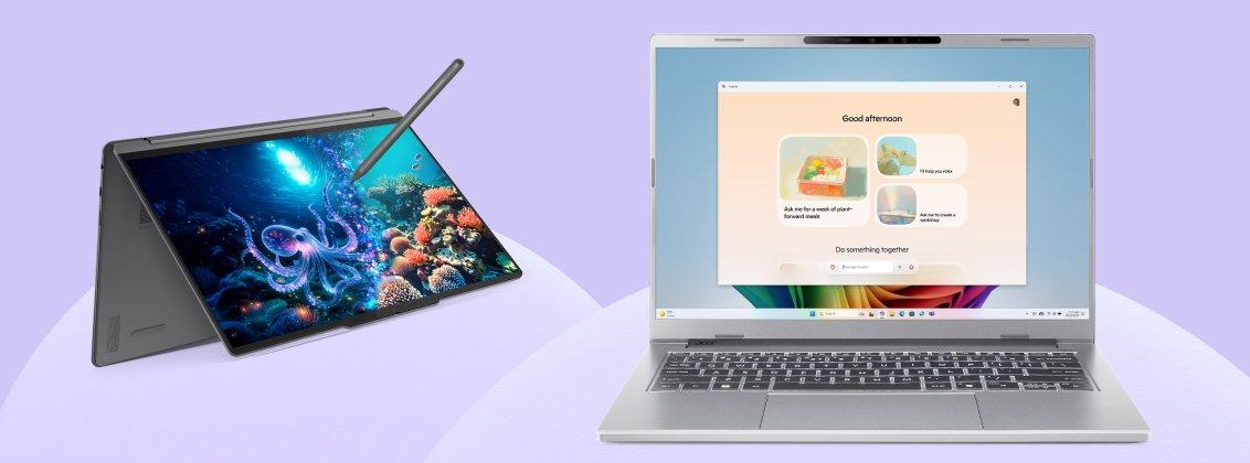 Two laptops on a purple background