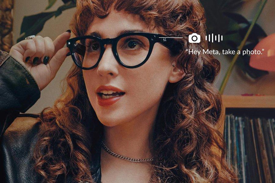 Woman wearing grey smart glasses