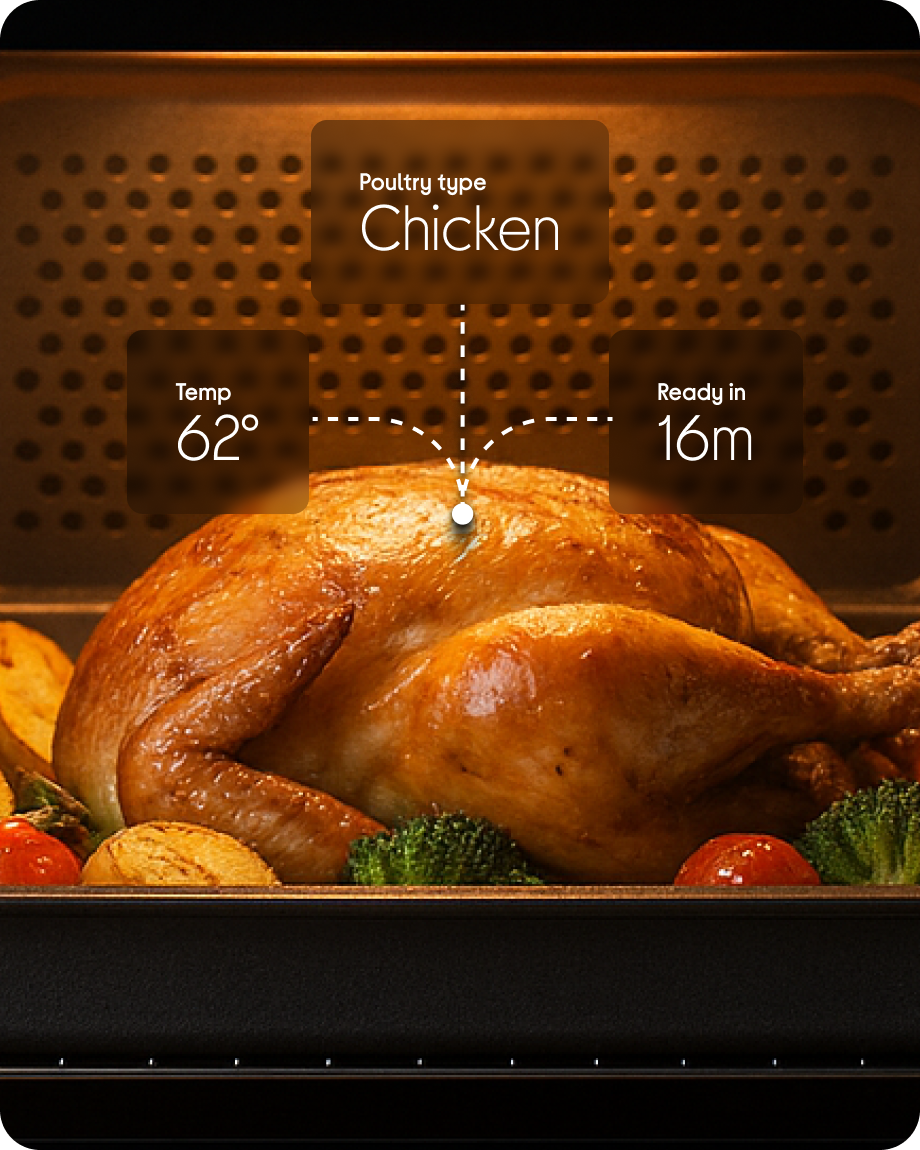 a large chicken is cooking in an oven with the temperature and time displayed