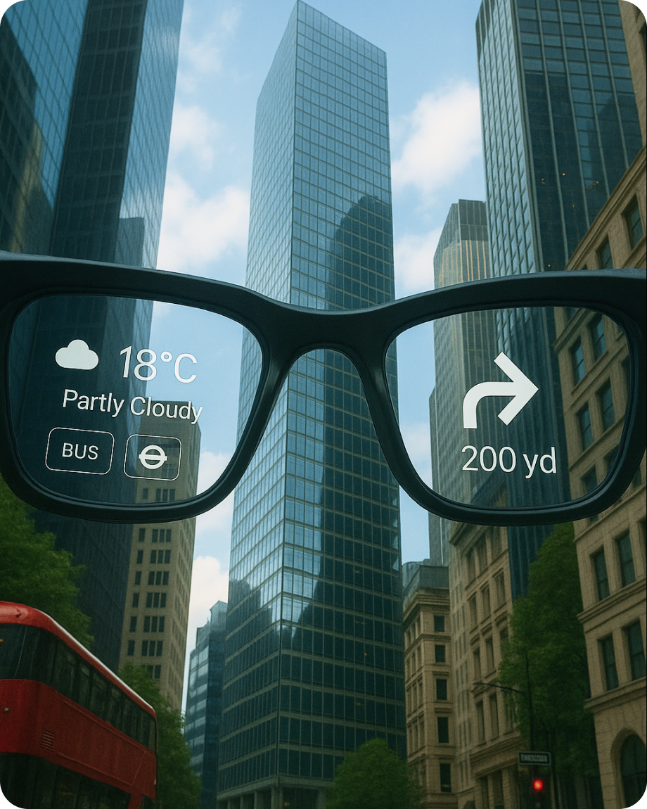 a pair of glasses with a view of a city in the background
