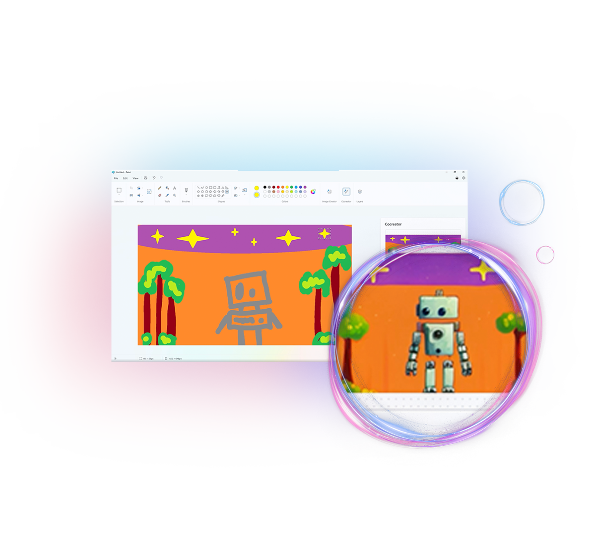 A screenshot of Microsoft Cocreator showing a rough drawing of a robot and a stylised finished image of a robot