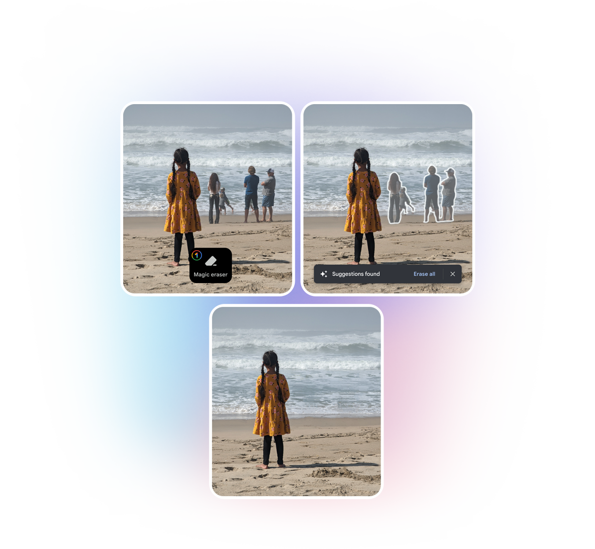 Three photos, one with people in the background, a second with the people outlined, and a third with the people removed