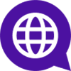A purple icon of a speech bubble with a globe inside it