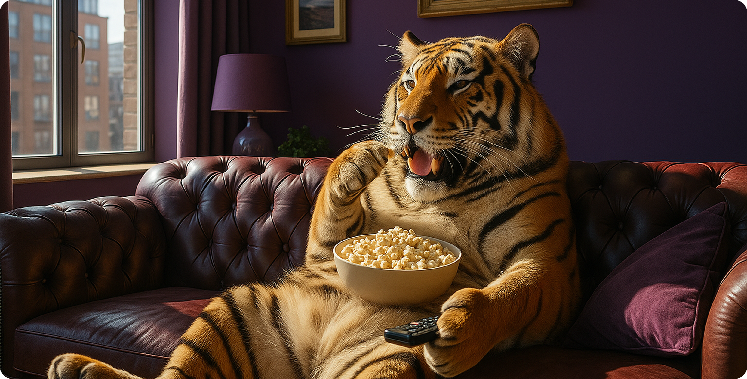 a tiger sitting on a couch with a bowl of popcorn