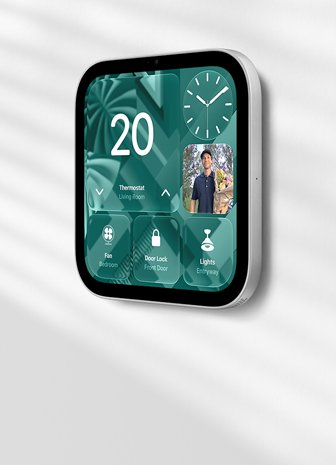 Apple HomeView wall-mounted model on a wall, silver colour, displaying time, temperature, and controls for thermostat, bedroom fan, door lock and lights