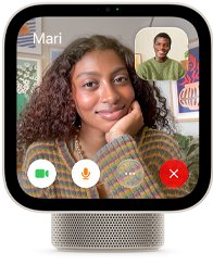 Apple HomeView, starlight (pale gold) colour, front exterior, showing a FaceTime video call screen displaying one person in the main view and another person in an inset window, with control buttons at bottom of screen