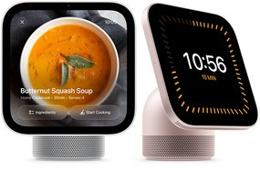 Apple HomeView, two devices: silver colour, displaying butternut squash soup recipe, rose pink colour, showing timer displaying 10 minutes and 56 seconds