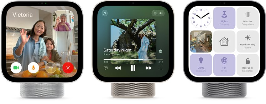Apple HomeView, three devices, front exterior, from left to right: silver colour, displaying FaceTime call with multiple participants, starlight colour (pale gold), showing Apple Music app, and space grey colour, displaying a grid of nine smart home controls