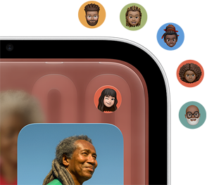 Close-up of Apple HomeView display, showing home screen with Apple app icons and photo A user's Memoji icon is displayed in the top right corner of the HomeView display, with five additional Memoji icons appearing outside the display representing the ability to switch between multiple users