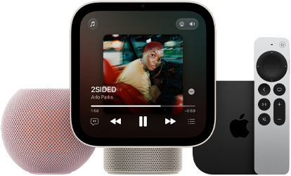HomePod mini 2 speaker pink colour, mesh fabric exterior, Apple HomeView device, starlight (pale gold) colour, front exterior, displaying Apple Music app, Apple TV 4K, top exterior, black colour with Apple logo, shown with Siri remote, silver colour, front exterior