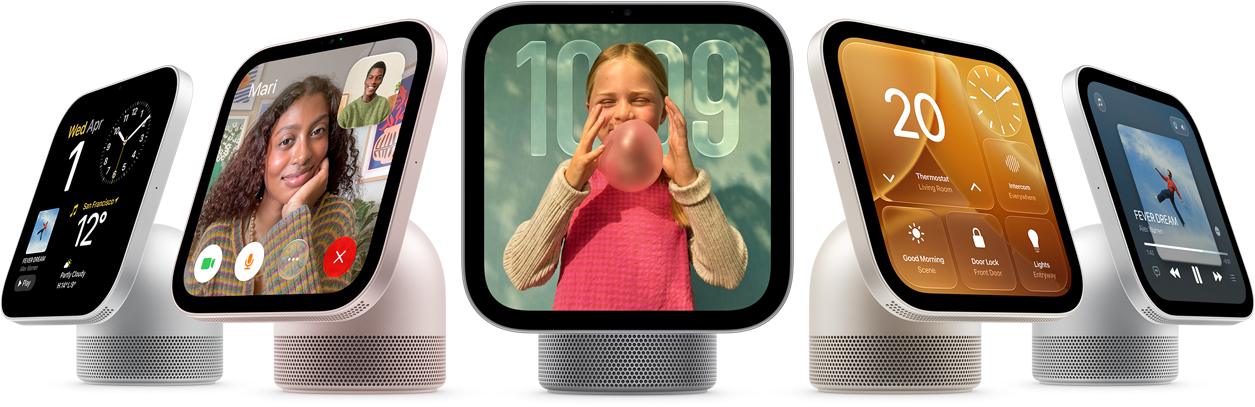 Apple HomeView, five devices in an arc, from left to right: silver colour, side exterior, displaying various information and controls, rose pink colour, side exterior, showing FaceTime call with two people, space grey colour, front exterior, semi-transparent time of day displayed on an image of a person blowing a bubble, starlight colour (pale gold), side exterior, displaying the temperature and various home controls, silver colour, side exterior, showing Apple Music app
