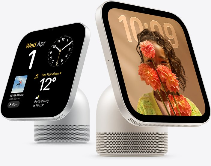 Apple HomeView, five devices in an arc, from left to right: silver colour, side exterior, displaying various information and controls, rose pink colour, side exterior, showing FaceTime call with two people, space grey colour, front exterior, semi-transparent time of day displayed on an image of a person blowing a bubble, starlight colour (pale gold), side exterior, displaying the temperature and various home controls, silver colour, side exterior, showing Apple Music app