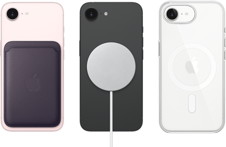 iPhone 17e, back exterior, soft pink colour, FineWoven Wallet with MagSafe attached, iPhone 17e, back exterior, black colour, MagSafe Charger attached, iPhone 17e, back exterior, white colour, Clear Case with MagSafe attached