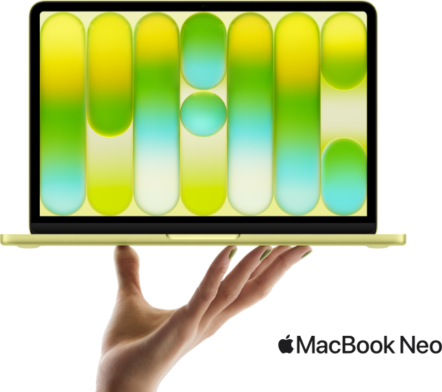 A hand holding a laptop with the words Macbook Neo underneath