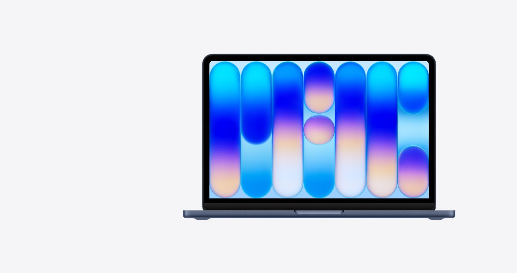 MacBook Neo, open, indigo colour, colourful abstract wallpaper