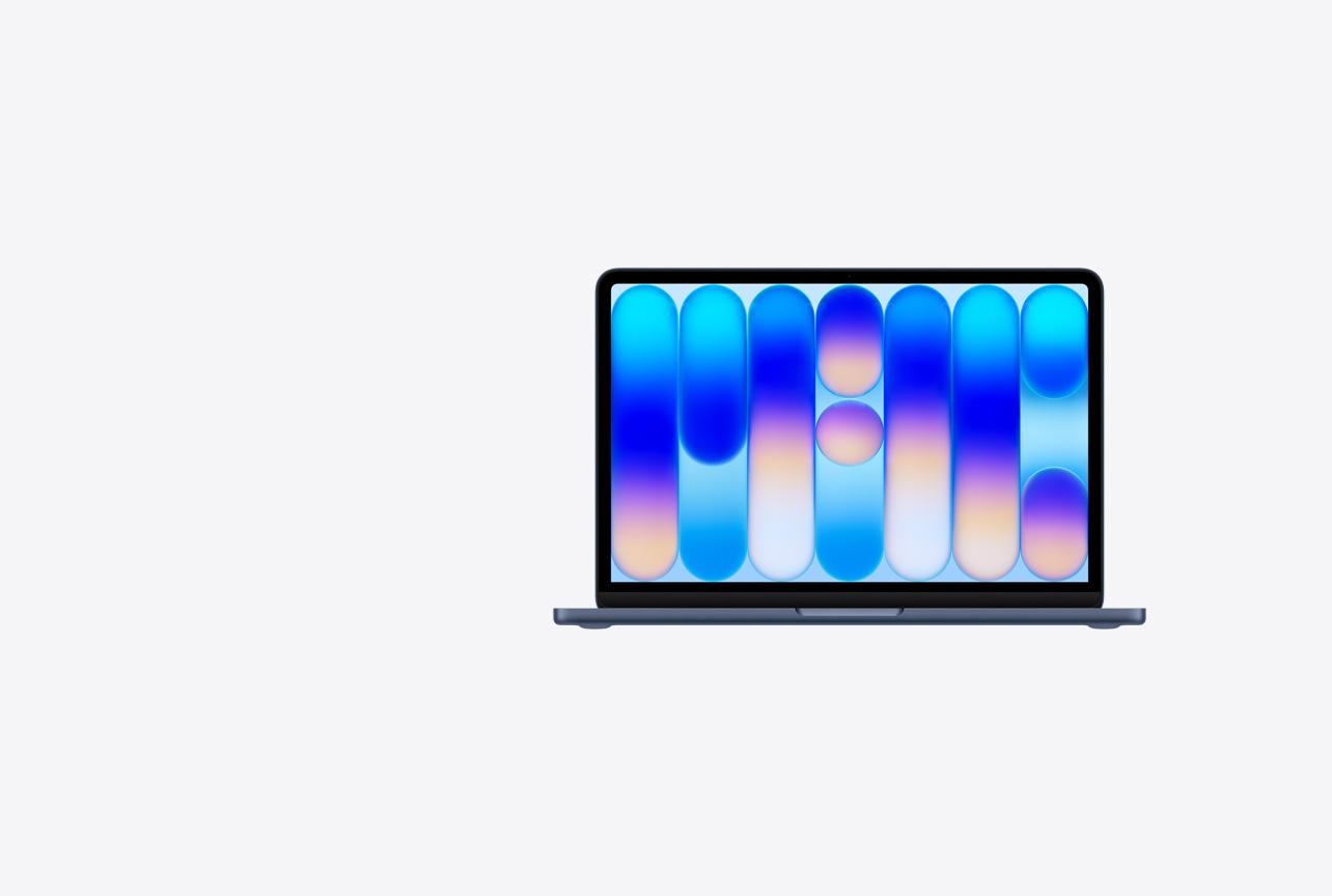 MacBook Neo, open, indigo colour, colourful abstract wallpaper