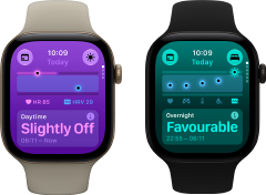Two Apple Watch Series 12 devices: aluminium case, light gold colour, Daytime Vitals Slightly Off, Digital Crown, sand Sport Band, aluminium case, black colour, Overnight Vitals Favourable, Digital Crown, black Sport Band